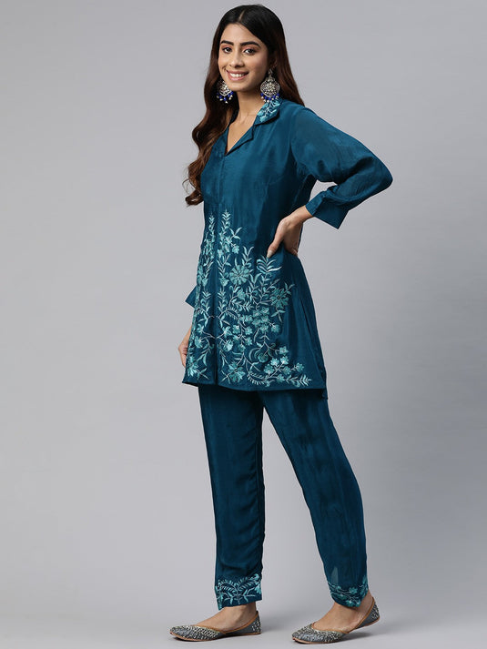 Floral Embroidered Pure Silk Tunic with Trousers