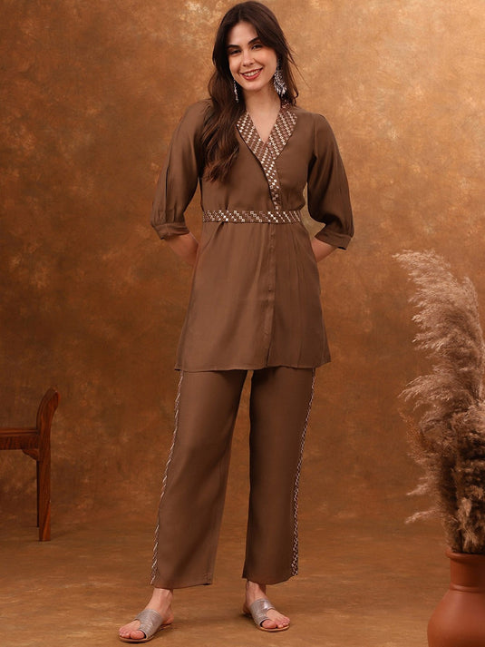 Embroidered Mirror Work Tunic With Trousers & Belt