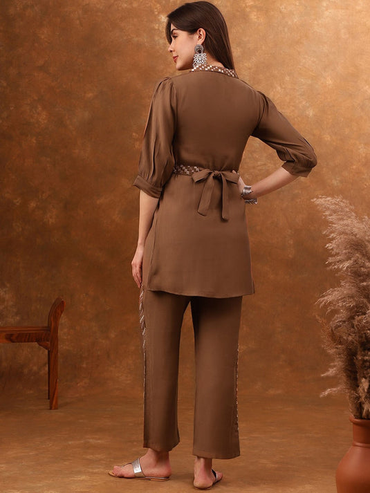 Embroidered Mirror Work Tunic With Trousers & Belt