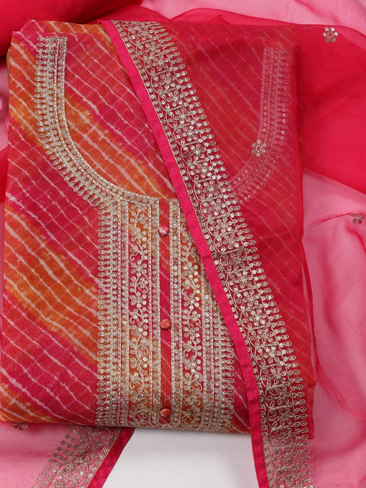 Leheriya Printed Zari Organza Unstitched Dress Material