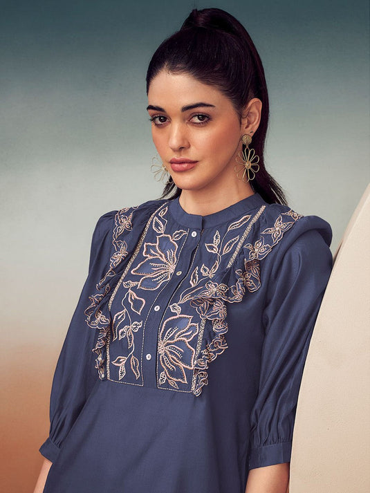 Embroidered Band Collar Tunic With Trouser