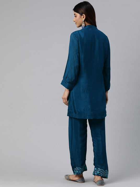 Floral Embroidered Pure Silk Tunic with Trousers