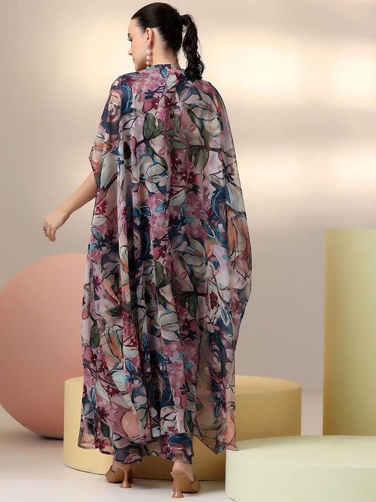 Floral Printed V-Neck Top & Palazzo With Shrug