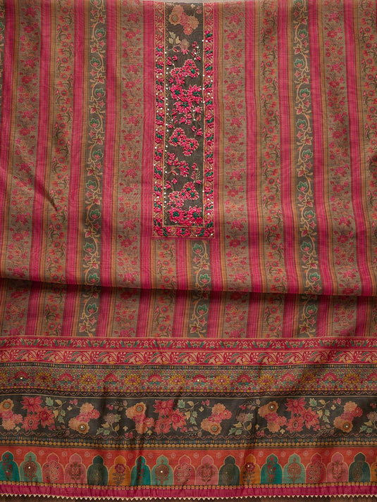 Pink & Green Embroidered Art Silk Unstitched Dress Material