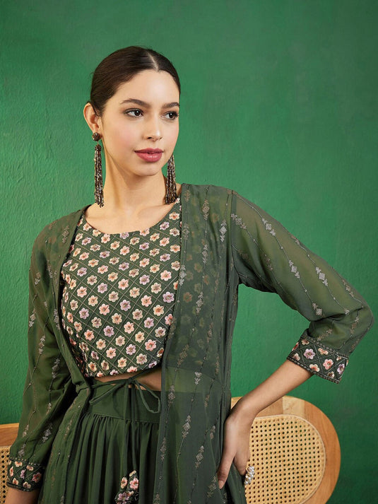 Green Embroidered Ethnic Top with Skirt & Shurg
