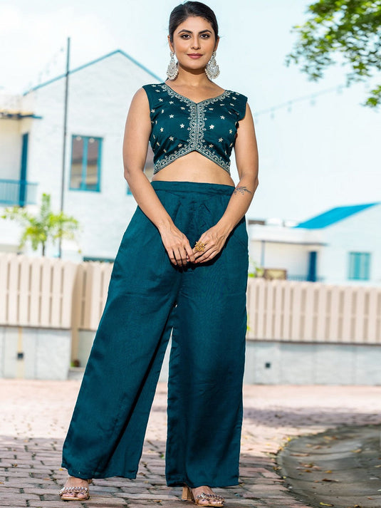 Embroidered V-Neck Top With Palazzos & Shrug