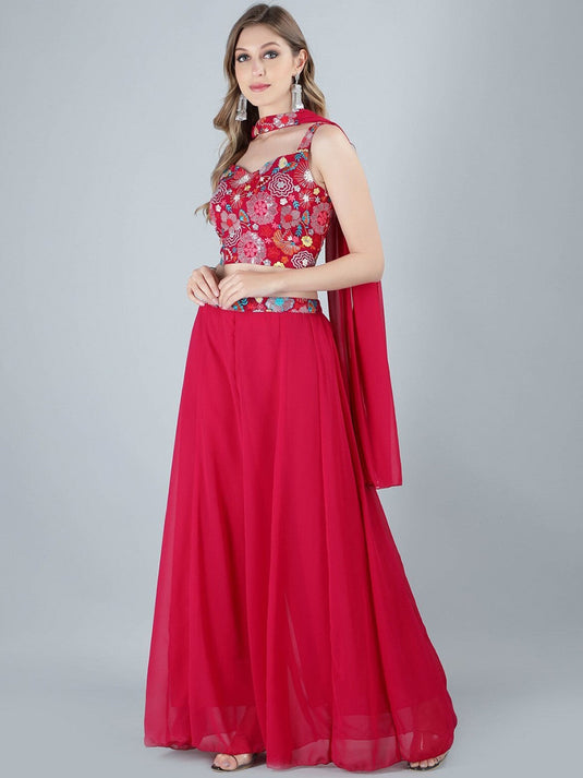 Embroidered Crop Top & Palazzos With Band Dupatta