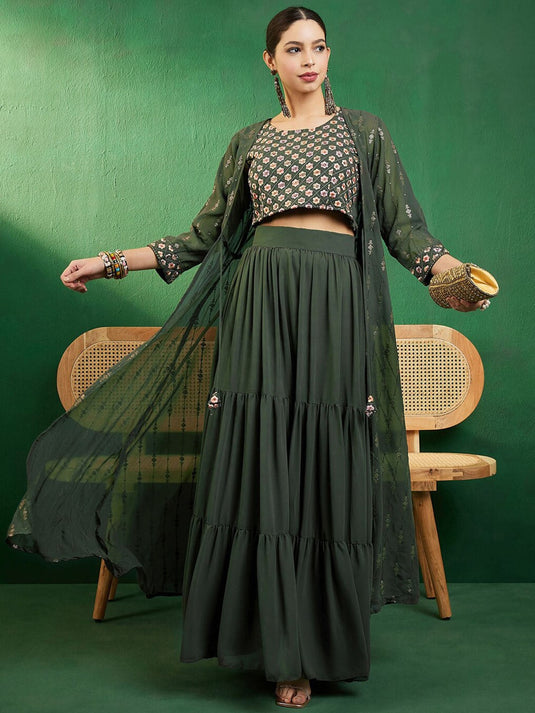 Green Embroidered Ethnic Top with Skirt & Shurg