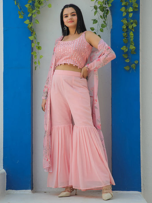 Embroidered Mirror Work Top With Sharara & Shrug