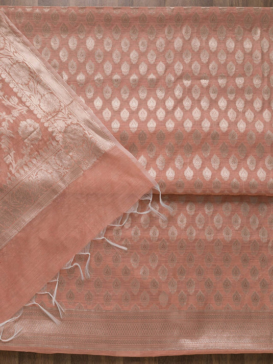 Peach-Coloured & Gold-Toned Art Silk Unstitched Dress Material