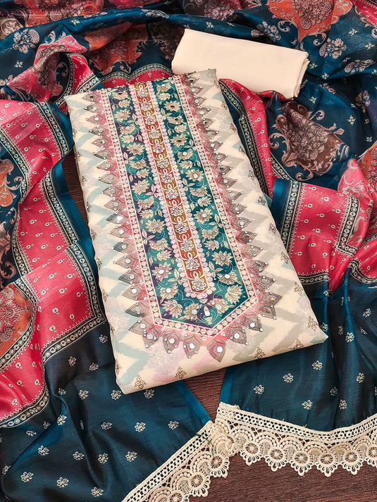 Ethnic Motifs Embellished Mirror Work Organza Unstitched Dress Material