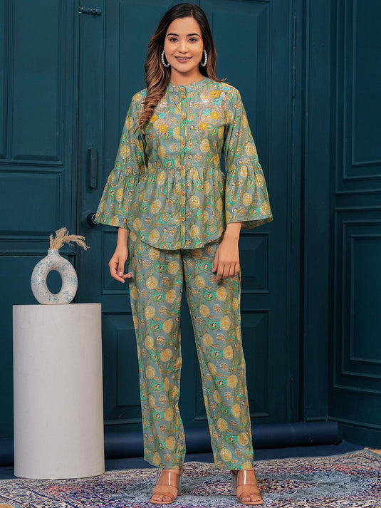 Floral Printed Embroidered Detail Pure Cotton Tunic With Palazzo
