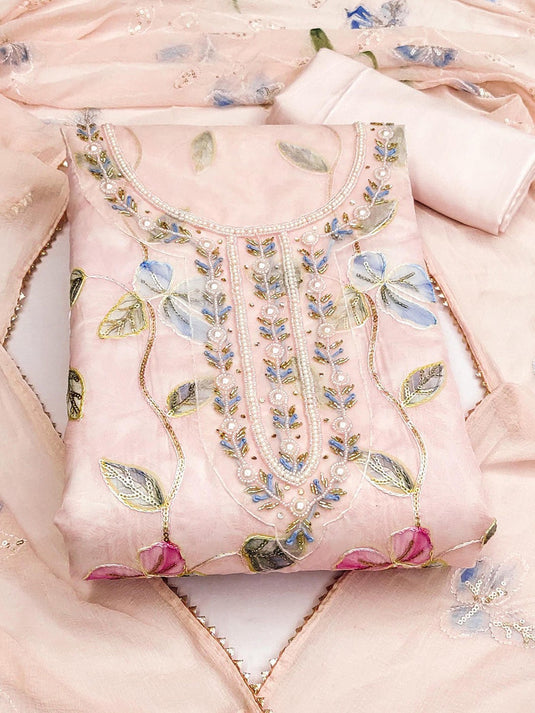 Floral Embroidered Beads and Stones Organza Unstitched Dress Material