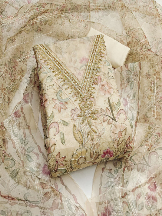 Floral Printed Beads Work Organza Unstitched Dress Material
