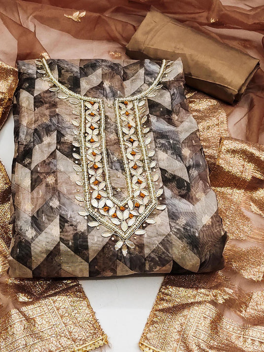 Coffee Brown Floral Woven Design Beads and Stones Organza Unstitched Dress Material