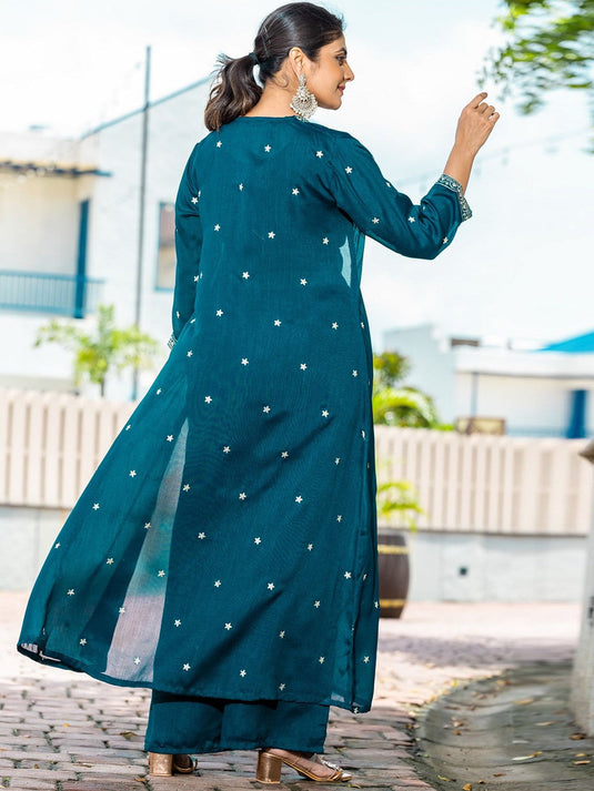 Embroidered V-Neck Top With Palazzos & Shrug
