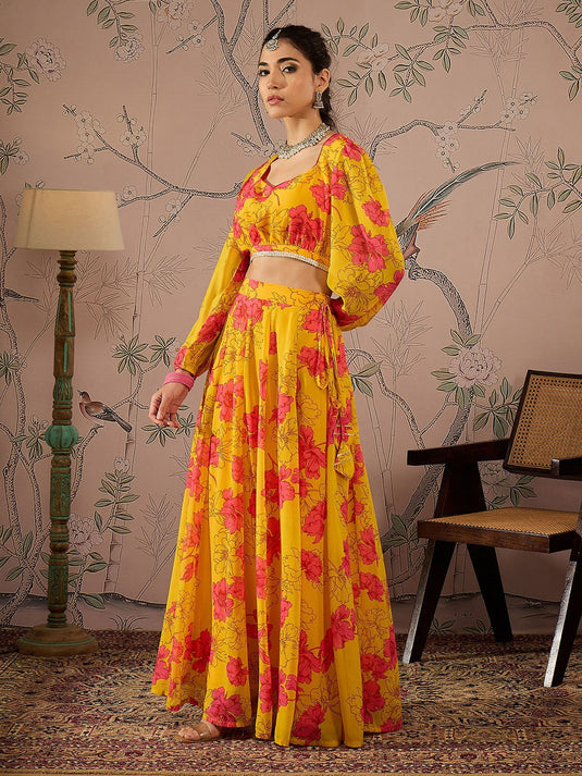 Floral Printed Sweetheart Neck Puffed Sleeves Crop Top & Anarkali Skirt