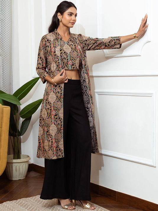 Black Floral Printed V-Neck Top with Shrug & Trousers