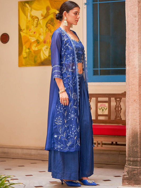 Embroidered Shoulder Straps Neck Sleeveless Top & Palazzo & Shrug