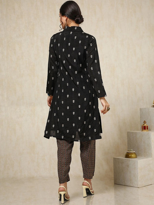 Embroidered Shirt Collar Top With Trousers