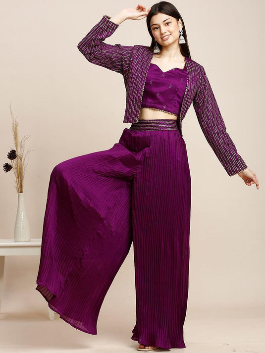 Embroidered Jacket & Top with Palazzo