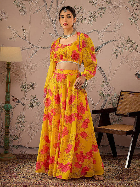 Floral Printed Sweetheart Neck Puffed Sleeves Crop Top & Anarkali Skirt