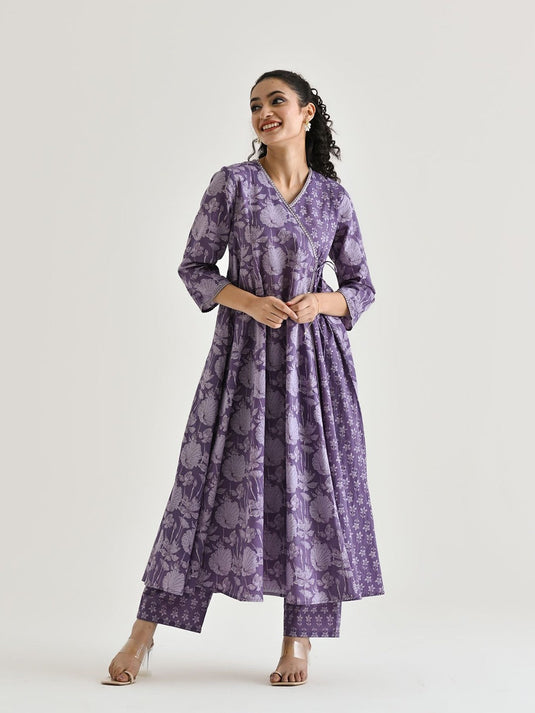 Floral Printed Angarakha Pure Cotton Tunic With Trousers