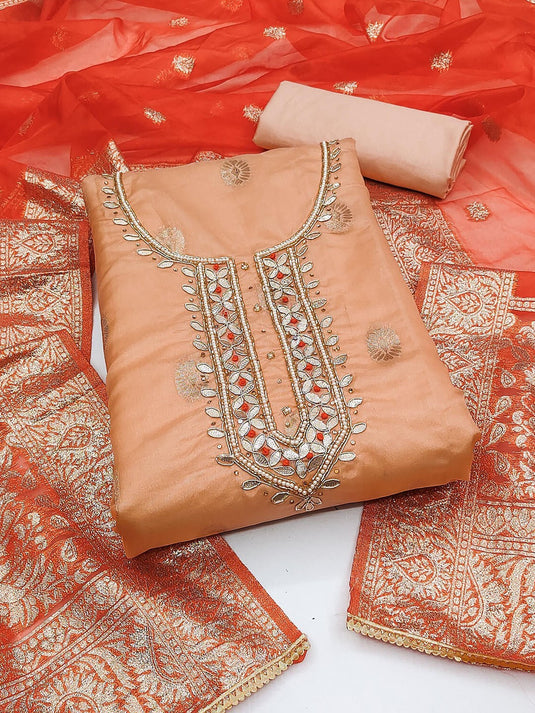 Ethnic Motifs Woven Design Zari Organza Unstitched Dress Material