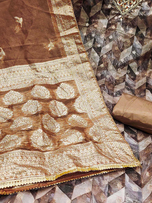 Coffee Brown Floral Woven Design Beads and Stones Organza Unstitched Dress Material