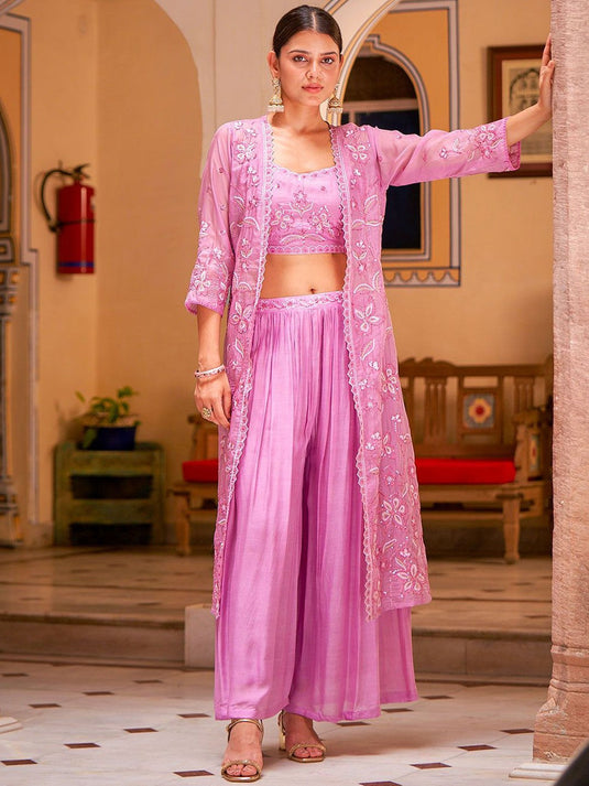 Embroidered Shoulder Straps Neck Sleeveless Top & Palazzo & Shrug