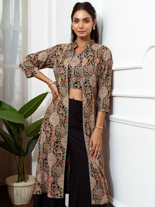 Black Floral Printed V-Neck Top with Shrug & Trousers