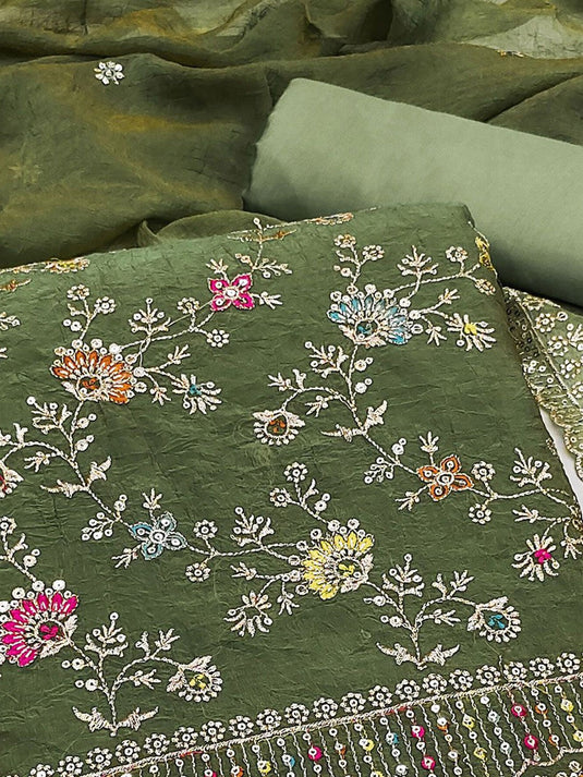 Floral Embroidered Sequinned Silk Chiffon Unstitched Dress Material