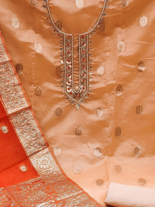 Ethnic Motifs Woven Design Zari Organza Unstitched Dress Material